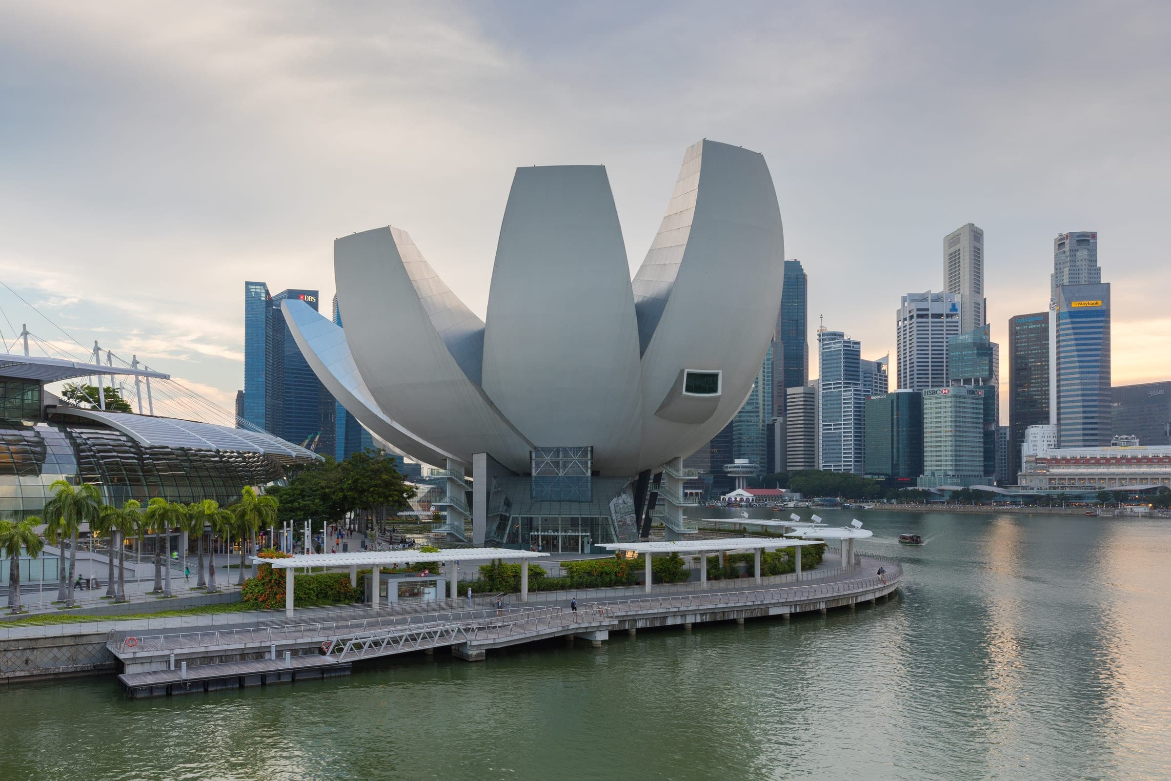 The ArtScience Museum and the Marina Bay towers seen across the water in Singapore.