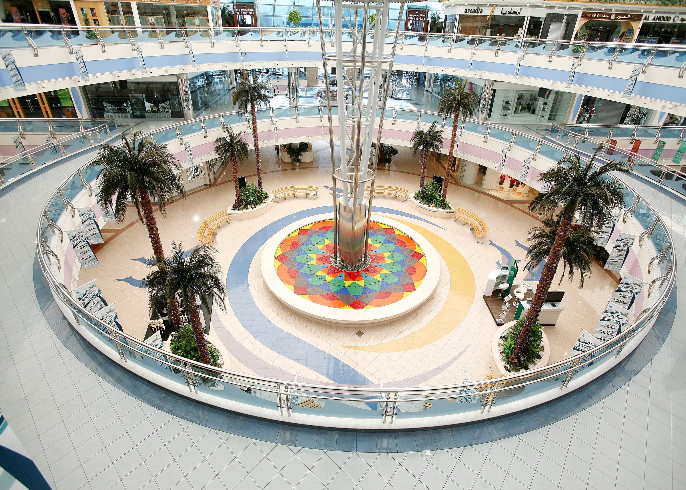 The fountain atrium of Marina Mall in Abu Dhabi seen from the upper floor.