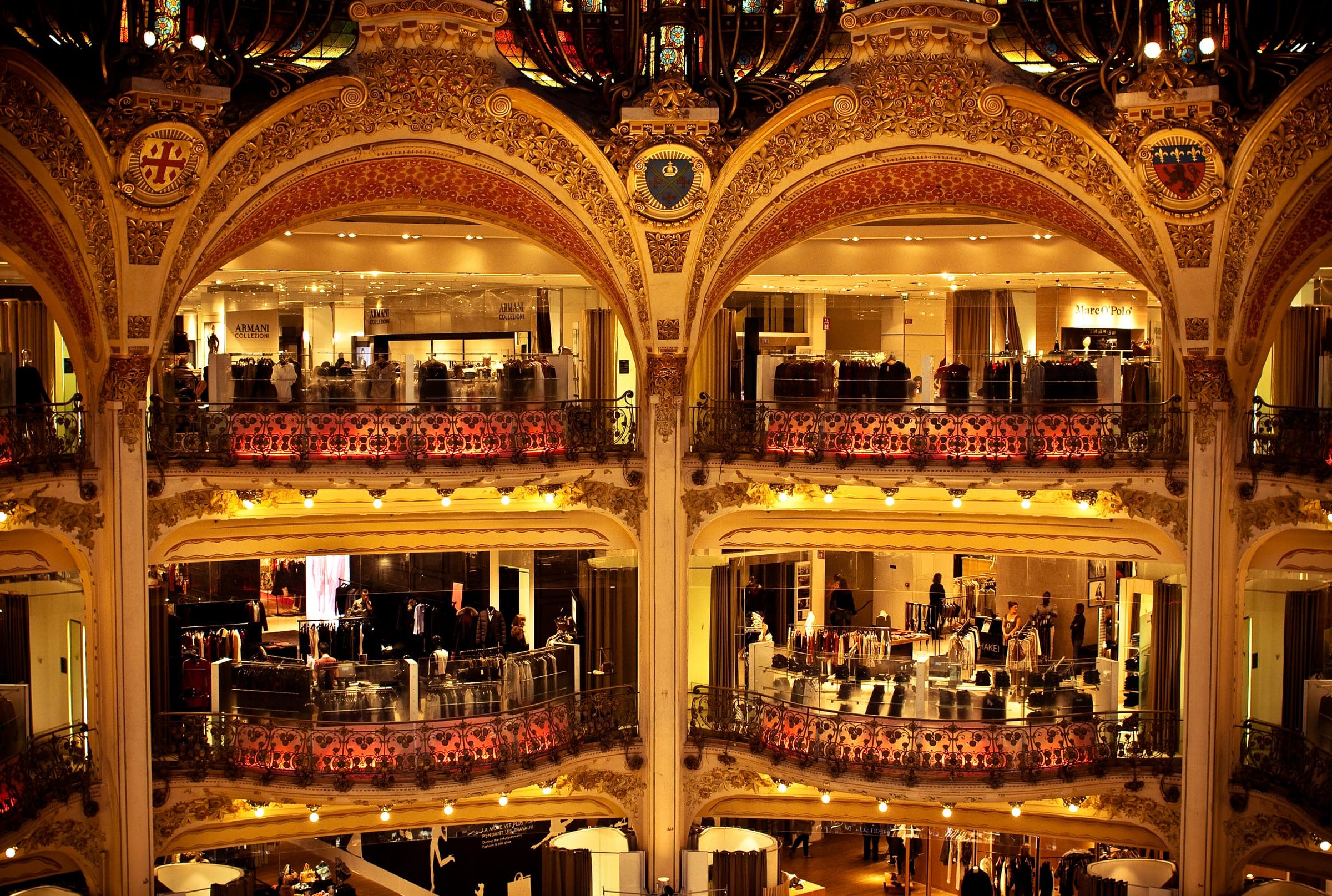 The galleried atrium of Galeries Lafayette in Paris.